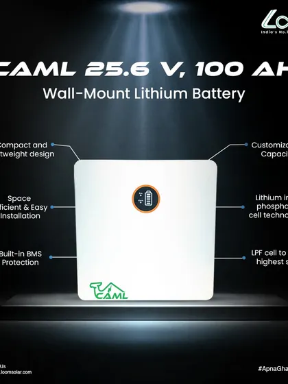 The CAML 25.6V, 100Ah wall-mount lithium battery is a compact and lightweight energy storage solution. It uses safe LPF cell technology and has a built-in BMS for protection and peace of mind.