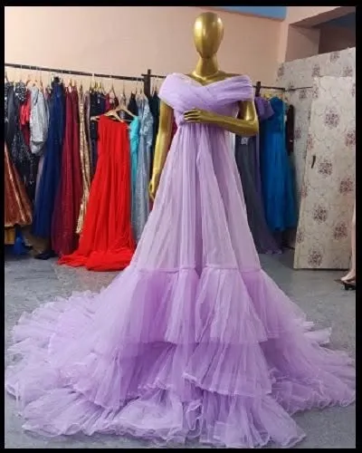 A full front view of the lavender A-line gown on a mannequin. This helps you see the dress's structure and true color before you rent.