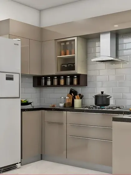 This compact L-shaped kitchen in a glossy beige finish is perfect for smaller apartments. The design includes open shelving for spices and glass-front cabinets for display.