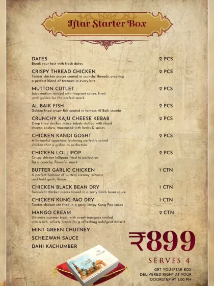 The extensive menu for our Iftar Starter Box, featuring 10 different types of appetizers.