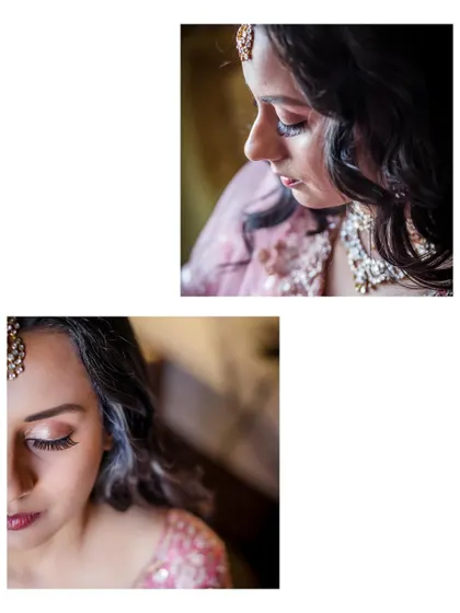Two close-up portraits of the bride. These shots highlight her flawless makeup and the serene, happy expression on her face.