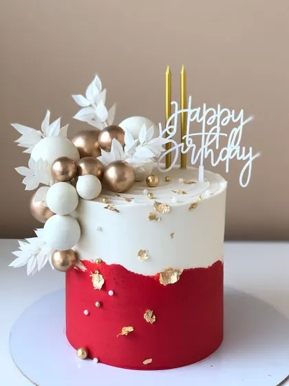 A modern red and white cake with gold leaf and a stylish white floral and balloon arrangement.