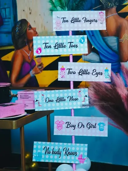 A playful and interactive sign for a baby shower. This "Boy or Girl, Nobody Knows" sign is a fun way to build excitement for a gender reveal.