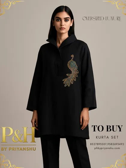 A closer look at the black linen kurta, focusing on the intricate, colorful hand-embroidery of the peacock motif.