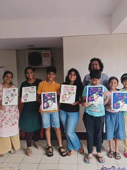 A happy group of students from our family-friendly Pichwai painting workshop. We love seeing artists of all ages come together to create and celebrate festive traditions like Ganesh Chaturthi.