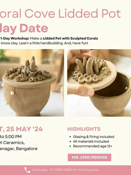 Create a beautiful 'Coral Cove' lidded pot in this one day workshop. You will learn to form a pot and sculpt intricate coral details on the lid, perfect for holding small treasures.