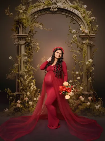 A beautiful solo portrait of the mom-to-be in a flowing red gown, standing before a rustic, flower-adorned archway. This setup creates a romantic, secret garden feel.