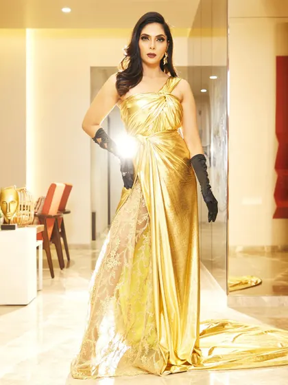 Dripping in molten gold. For this shoot with Kumar World, I draped a metallic gold fabric to create a glamorous, goddess-like gown with a dramatic train.