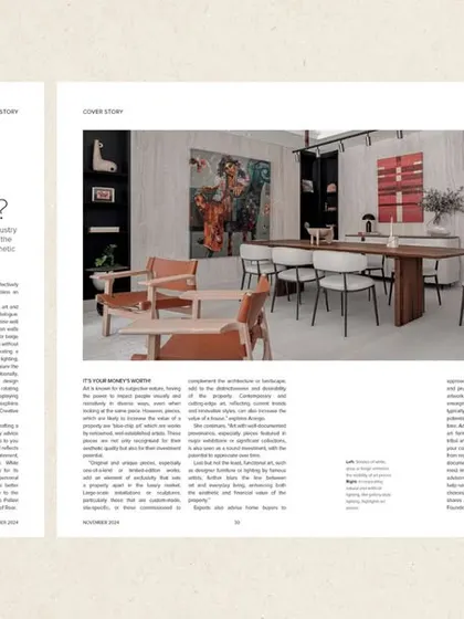 Another page from our CW Property feature, showcasing how we integrate art in various spaces, from formal dining rooms to grand staircases, to create a cohesive and artful home.