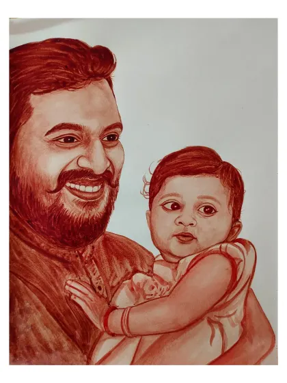 A heartwarming blood portrait of a father and his baby. These pieces are a powerful way to capture the special bond between a parent and child.