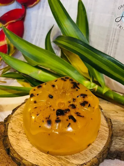 Here is my best-selling Turloe soap, a key feature in the Rakhi gift box. It's made with turmeric and aloe, known for their soothing and anti-inflammatory properties, making it a gift of care.