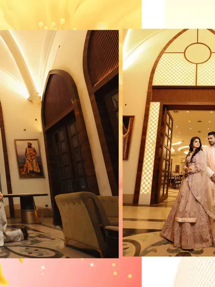 A collage showing the couple's grand entrance and a romantic pose from their engagement night. The beautiful interior of the venue is prominently featured.
