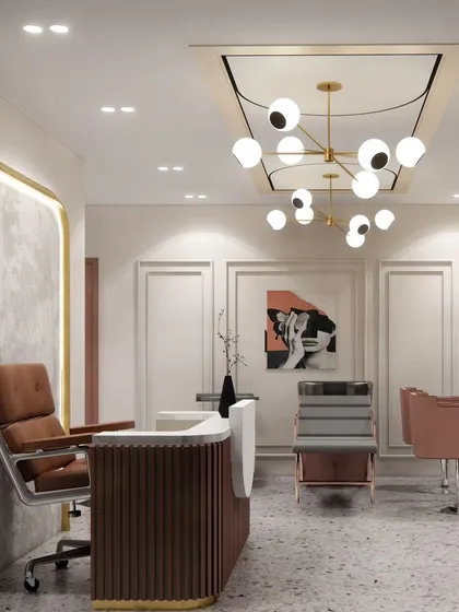 Another angle of the chic salon concept, focusing on the reception desk and waiting area. The mix of textures, from the fluted desk to the terrazzo flooring and modern art, gives the space a unique personality.