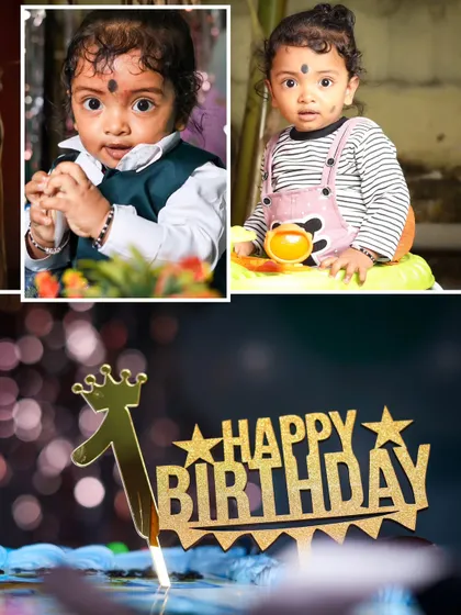 A collage celebrating a first birthday. It features portraits of the birthday boy and a close up shot of the golden "Happy Birthday" cake topper, highlighting the special details of the day.