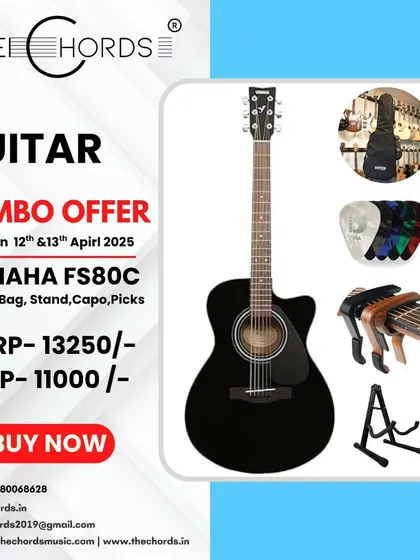 A weekend Guitar Combo Offer. This deal includes a Yamaha FS80C guitar along with a bag, stand, capo, and picks, providing incredible value for anyone starting out.