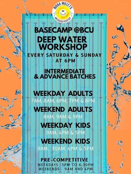 This poster features a drone photo of our glorious 50-meter Olympic-size pool at Basecamp@BCU. We have options for all levels, from deep water workshops to competitive training, at this elite facility in the heart of the city.