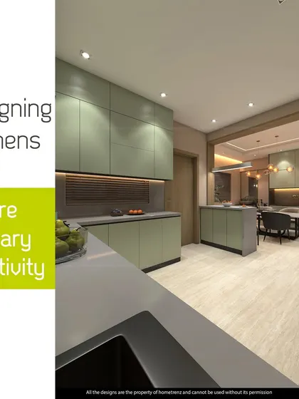 This spacious kitchen uses a calming sage green for the cabinetry, creating a unique and refreshing atmosphere. The design includes an integrated hob and ample counter space, making it as practical as it is beautiful.