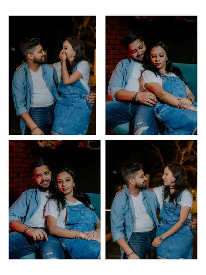 A four-panel collage of a couple's candid and sweet moments during a casual shoot.