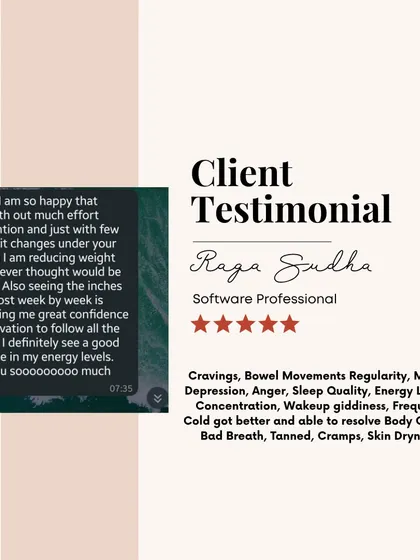 A client testimonial from Raga Sudha, a software professional. She shares how simple food habit changes helped her reduce weight and improve everything from cravings and sleep quality to energy levels and skin health.