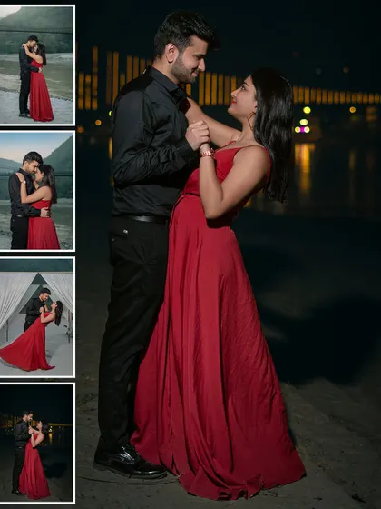 A collage of romantic moments in a stunning red dress against the river and bridge backdrop. It shows the versatility of a single location, from day to night.