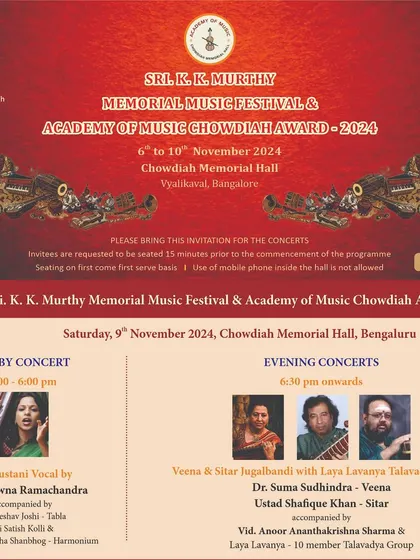 Do come for this exciting Veena and Sitar Jugalbandi at Chowdaiah Memorial Hall. It will be a unique musical experience with 10 talented percussionists.