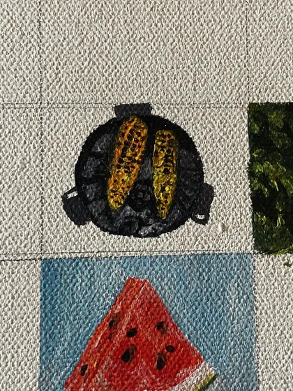 A mini-painting of corn on the cob being grilled.
