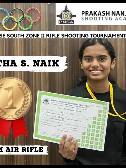 Another star from our academy, Hitha S. Naik, with her Gold Medal from the CBSE South Zone II Rifle Shooting Tournament. Her success is a testament to our training methodology and her own dedication. We celebrate every victory on the path to greatness.