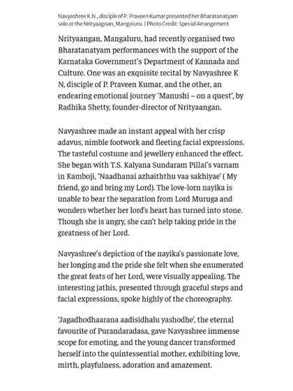 Another section of the review from my Mangaluru performance. The critic's detailed description of the abhinaya section shows a deep understanding of the art form.