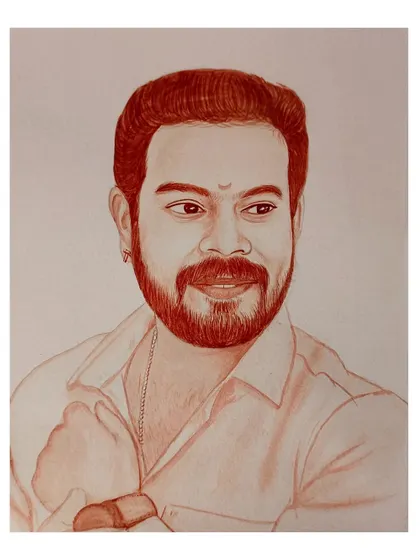 A custom blood portrait of a man with a beard, capturing a warm and friendly expression.