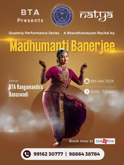 The official announcement for a classical Bharatanatyam recital at our BTA Rangamandira. We regularly host professional artists, providing our students and the community with exposure to high-quality performances.