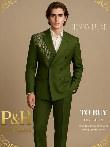 A portrait of the model in the green double-breasted suit, highlighting its unique design.