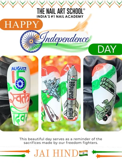 Our tribute for Independence Day, this collage showcases nail art featuring the Indian tricolor, the BrahMos missile, and other patriotic symbols.