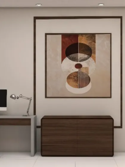 The 3D render of the study area, showing the final look with a modern desk, ergonomic chair, and stylish storage cabinet. Our 3D designs help you visualize your space perfectly.