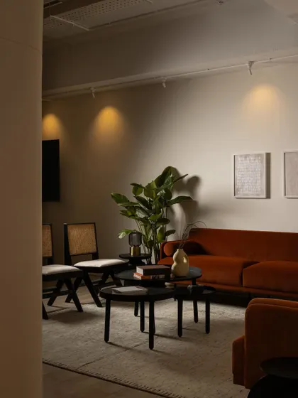 Another perspective of the main lounge at ARVA, showing the interplay of textures, natural light, and biophilic elements. The goal was to create a space that encourages quiet reflection and reduces the anxiety often associated with clinical visits.