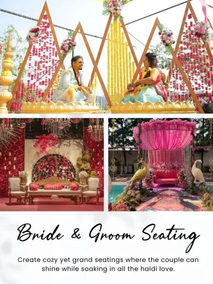 Cozy yet grand seating is essential for the couple to shine during their Haldi. This collage shows various seating ideas, from geometric backdrops to peacock-themed thrones, all designed to be picture-perfect.