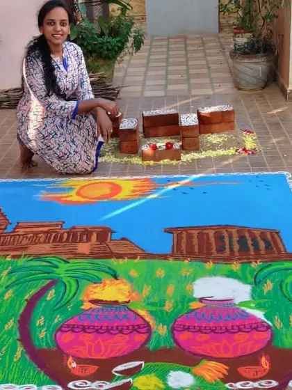 A happy moment with my finished Pongal artwork.