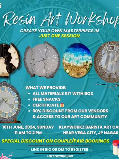 Flyer for our Resin Art Workshop, where you can create stunning clocks and other masterpieces in just one session.