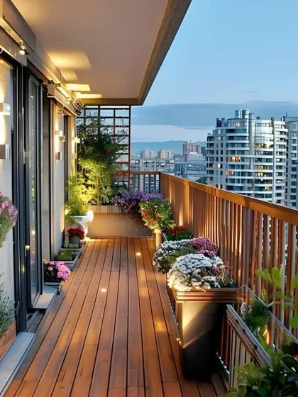 A long balcony transformed into a beautiful floral walkway with wooden decking and railing planters. The warm uplighting creates an inviting ambiance with a stunning city view after sunset.