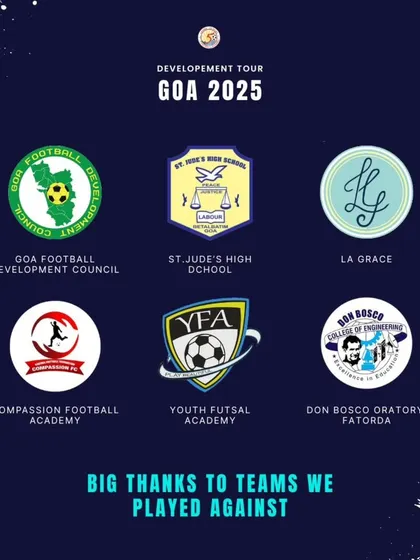 A graphic thanking the local Goan teams and academies who played against us during our 2025 development tour.