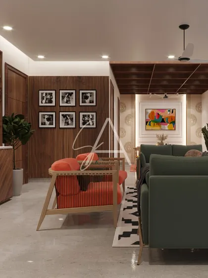 This view shows the integration of a bar area into the main living space. The wood paneling and custom wine rack create a dedicated zone for entertaining that feels connected to the rest of the room.