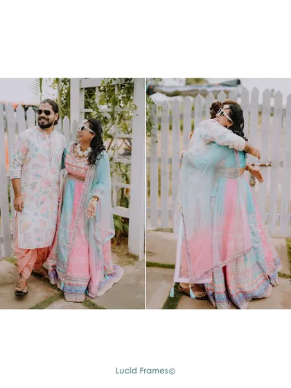 A diptych showing a sweet hug between the bride and a loved one at her Haldi.
