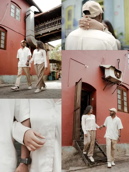 A collage capturing the couple's walk through colorful, rustic streets, highlighting their connection and the vibrant atmosphere of the location.