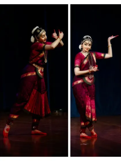 A collage of two poses, one standing and one seated, showing the variety of movements within a single performance.