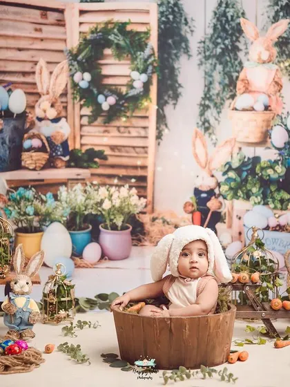 Our Easter bunny theme is perfect for spring babies. The set is filled with greenery, carrots, and Easter eggs for a festive and adorable photoshoot.