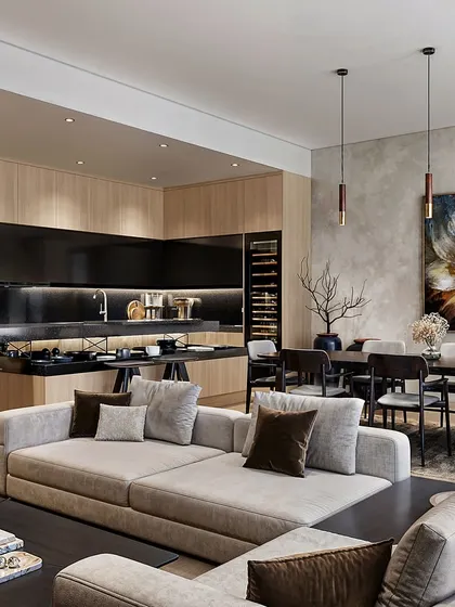 An open-concept luxury living space designed for a client in the USA. This rendering focuses on the interplay of light and texture, from the natural wood paneling and dark stone kitchen island to the soft fabrics of the furniture, creating a warm and inviting atmosphere.