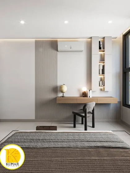 A minimalist bedroom with a floating study desk and a slim, vertical bookshelf.