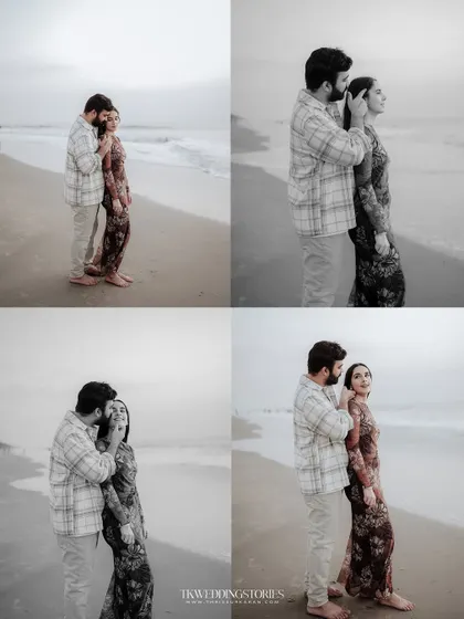 A creative collage from a pre-wedding beach photoshoot, blending color and monochrome to highlight the couple's connection against the serene backdrop.