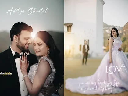 An album page design featuring a close-up portrait and a fairytale-like full shot of a couple in their elegant pre-wedding attire.