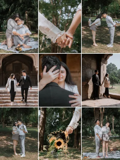 A grid of nine photos from Shivam and Raghavi's pre-wedding session, telling a complete story of their day in the park and at a heritage site.