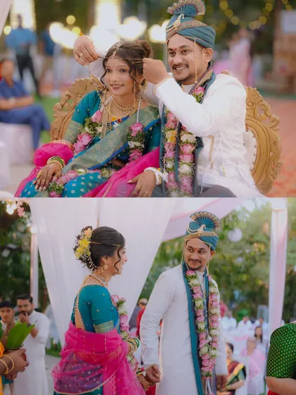 Two key moments from a Maharashtrian wedding. The top frame shows the groom tying the 'mangalsutra', and the bottom shows the couple during the ceremony, both filled with emotion.